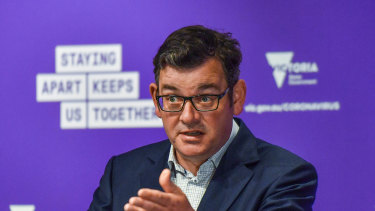 Premier Daniel Andrews during the COVID-19 media conference on Saturday.