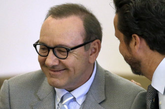 Actor Kevin Spacey listens to attorney Alan Jackson during a pretrial hearing on June 3, 2019, at district court in Nantucket, Massachusetts.