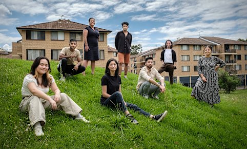 The <i>Here Out West</i> screenwriters on the set in Blacktown during filming: (from left) Claire Cao, Arka Das, Bina Bhattacharya, Dee Dogan, Vonne Patiag, Tien Tran, Matias Bolla and Nisrine Amine.