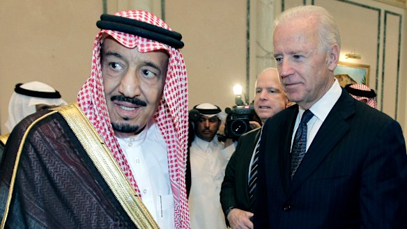 In 2011, then US vice-president Joe Biden, right, offers his condolences to then Prince Salman bin Abdel-Aziz in Riyadh, Saudi Arabia. 