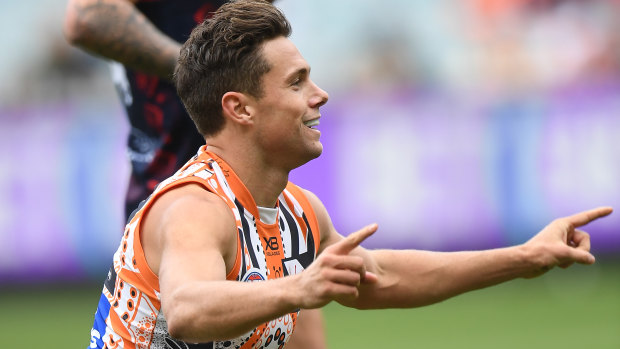 What hoodoo? Josh Kelly reacts after kicking a goal at the MCG on Sunday.