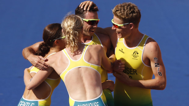 Awesome foursome: Ashleigh Gentle, Gillian Backhouse, Jacob Birtwhistle and Matthew Hauser after winning the mixed team relay event.