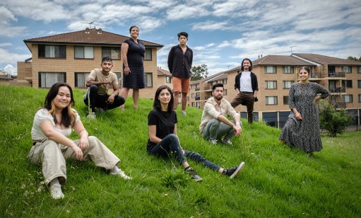 The <i>Here Out West</i> screenwriters on the set in Blacktown during filming: (from left) Claire Cao, Arka Das, Bina Bhattacharya, Dee Dogan, Vonne Patiag, Tien Tran, Matias Bolla and Nisrine Amine.