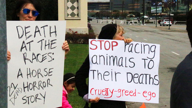 Animal welfare activitists protest outside Santa Anita Park in California.