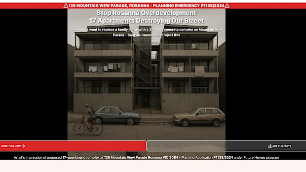 Uma imagem gerada por IA do empreendimento Banyule retratado como uma favela sombria, usada no site que promove uma petição contra o empreendimento de três andares.