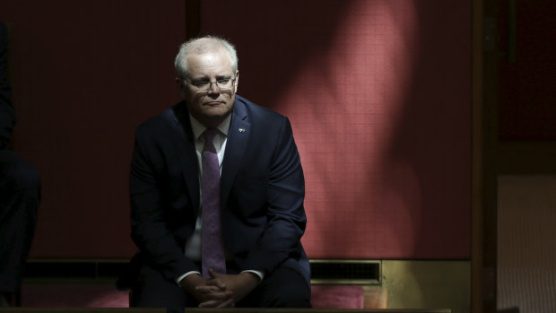 Scott Morrison sits in the Senate to watch Mathias Cormann deliver his valedictory speech in October.