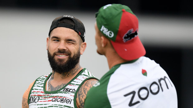 Cook something up: Adam Reynolds and Damien Cook share a laugh at Souths training.