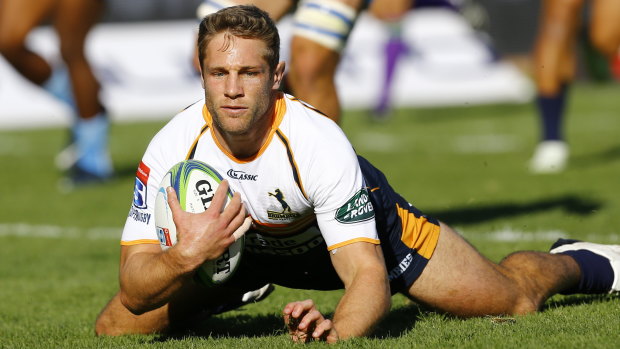 The Brumbies Kyle Godwin scores a try against the Bulls during the Super Rugby match at the Loftus Stadium, Pretoria,.