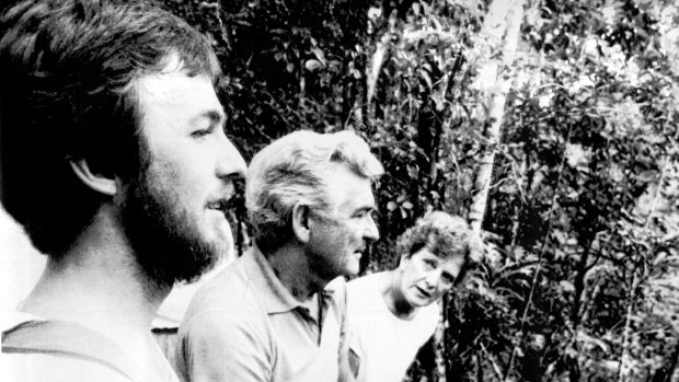 Bob and Hazel Hawke with biologist Peter Bradley in the Daintree rainforest in 1987. 