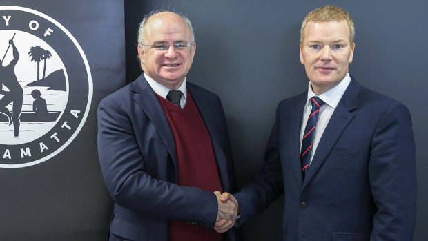 Mark Stapleton, right, with Parramatta mayor Andrew Wilson, left. 