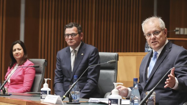 Queensland’s Annastacia Palaszczuk (left) and Victoria’s Daniel Andrews (centre) are expected to discuss regional quarantine at national cabinet on Friday with Prime Minister Scott Morrison (right).