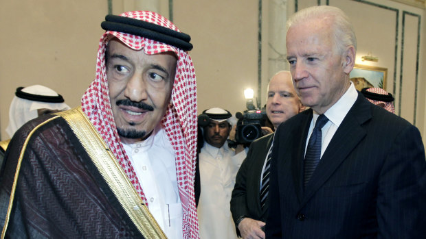 In 2011, then US vice-president Joe Biden, right, offers his condolences to then Prince Salman bin Abdel-Aziz in Riyadh, Saudi Arabia. 