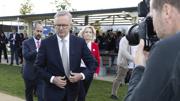 Anthony Albanese departs a press conference after failing to name the official cash rate or the unemployment rate on the first day of the federal election campaign.