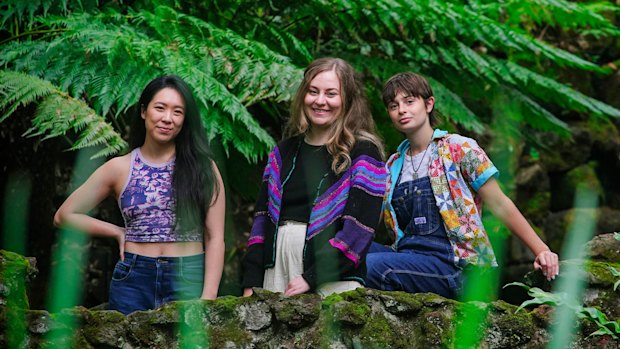 Director Sophie Somerville (centre), with actors Melissa Gan (left) and Emmanuelle Mattana at Fern Gully Health and Wellbeing Garden, which features in Fwends.