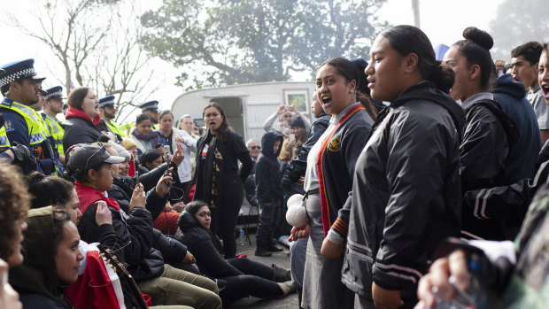 Secondary school students perform a haka at the  Ihumatao protest site.