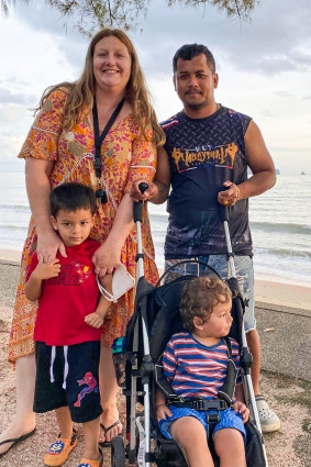 Nicole De Abel (pictured with her partner and children) says she is stranded in Thailand after Jetstar cancelled her flight home. 