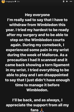 Kyrgios announced the news via Instagram.