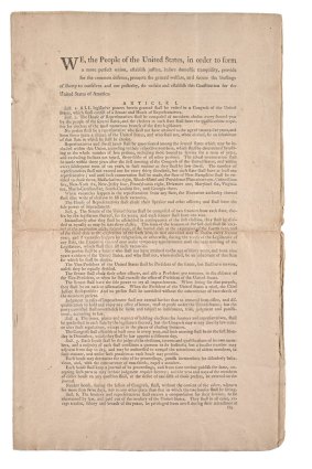 The copy of the Constitution owned by Dorothy Goldman to be auctioned by Sotheby’s on Thursday. It is the only known copy to be privately owned.