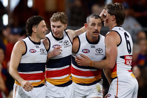 Taylor Walker of the Crows celebrates a goal.