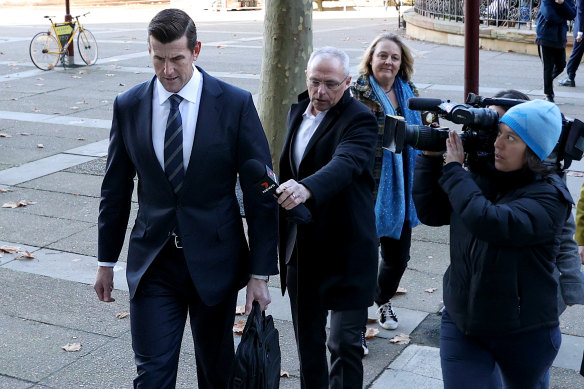Ben Roberts-Smith arrived through a media scrum for his first day in the witness stand.
