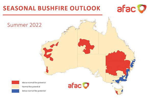 The seasonal bushfire outlook shows parts of inland NSW face above-average fire danger risk.