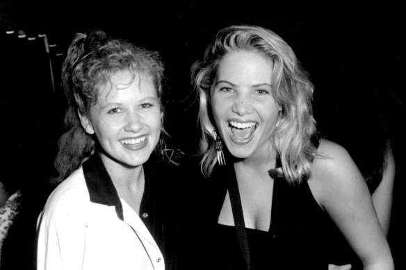 Marianne Howard (Alice Sullivan) and Melissa Tkautz (Nikki Spencer) at a Ten launch party in 1991.
