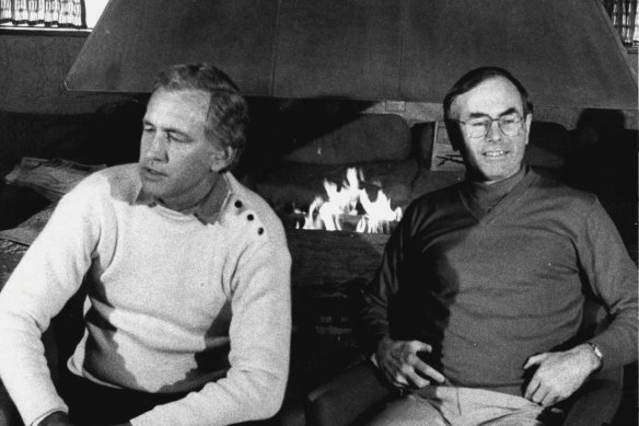 Andrew Peacock and John Howard relax at the Liberal Party hide-a-way at the Thredbo Alpine hotel. May 5, 1984. 