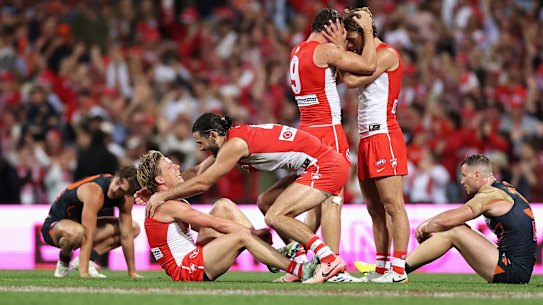 Isaac Heeney and Brodie Grundy celebrate after beating the Giants.