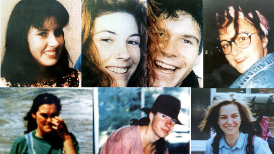 The backpackers murdered by Ivan Milat. Pictured are (from top L to R) Deborah Everist, Anja Habschied, Gabor Neugebauer, Simone Schmidl; (bottom L to R) Joanne Walters, James Gibson, and Caroline Clarke. 
