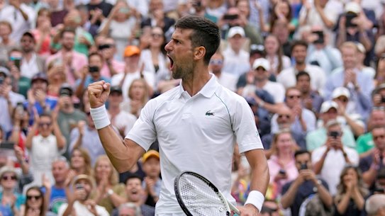 Serbia’s Novak Djokovic celebrates after beating Italy’s Jannik Sinner.