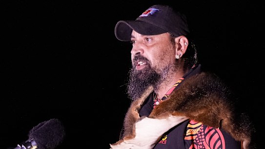Bunurong elder Uncle Mark Brown delivers the ‘Welcome to Country’ at the ANZAC Day dawn service at the Shrine of Remembrance in Melbourne.