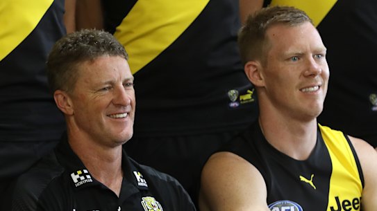 Jack Riewoldt (right) says Damien Hardwick (centre) had addressed the issue of his new relationship with the playing group.