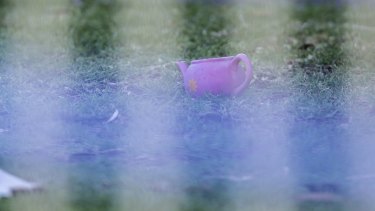 A pink tea pot in the front yard of the Perinovic's home.