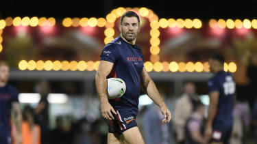 James Tedesco during the Roostersâ warm-up in Mackay.