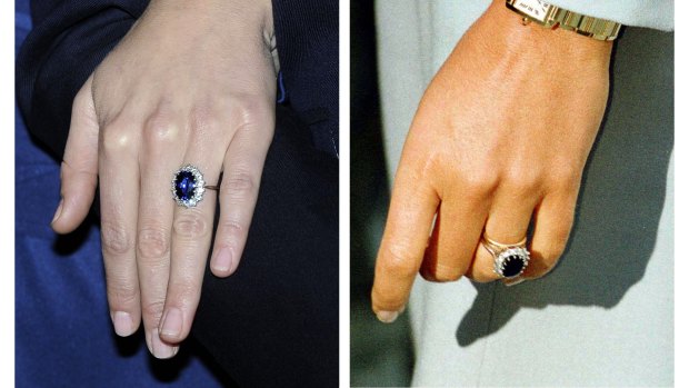 The famous engagement ring on the Duchess of Cambridge (left) and Princess Diana.