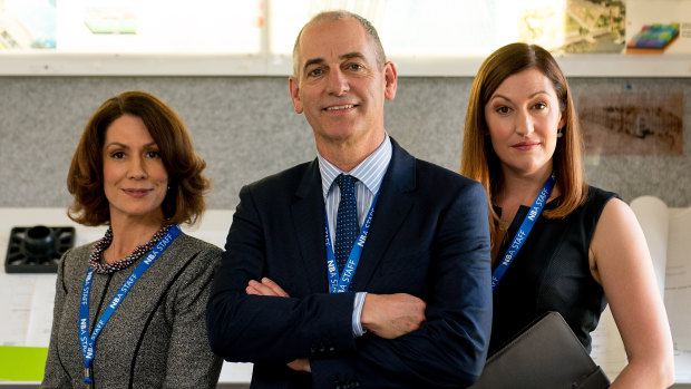 Kitty Flanagan, Rob Sitch and Celia Pacquola in ABC comedy series Utopia. 