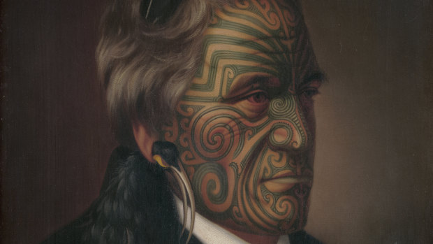 Gottfried Lindauer, Tomika Te Mutu, chief of the Ngāi Te Rangi tribe, Bay of Plenty, 1880, oil on canvas, National Library of Australia, Canberra, Rex Nan Kivell Collection, detail.