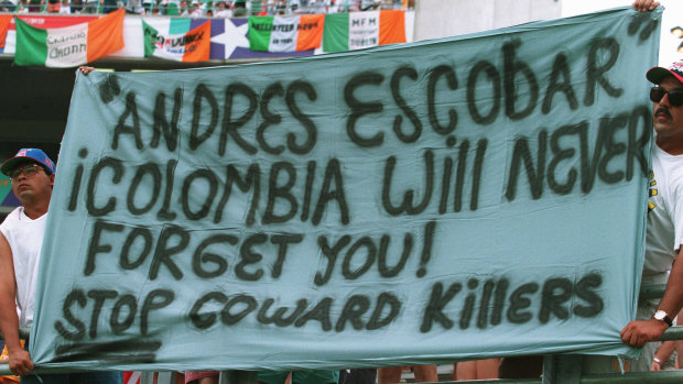 Andres Escobar banner at the 1994 World Cup days after his death in Colombia