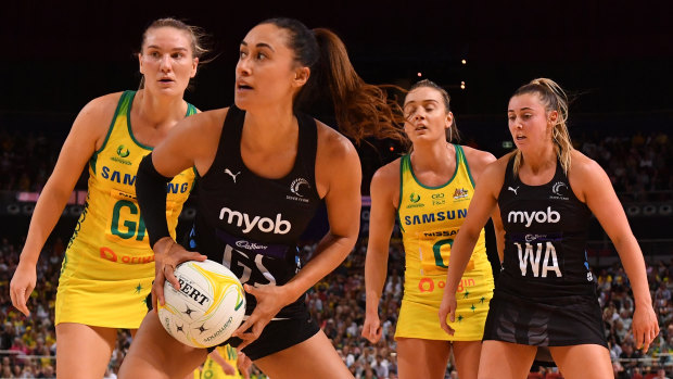 New Zealand's Maria Folau with possession against Australia in their Constellation Cup win on Sunday.