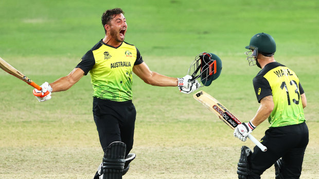 Australia’s Matthew Wade and Marcus Stoinis celebrate victory over Pakistan to reach a World Cup final that is too close to call.
