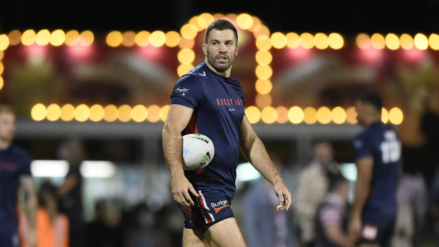 James Tedesco during the Roosters’ warm-up in Mackay.