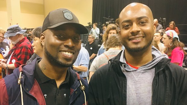 Bernie Sanders supporters Brandon Greene and Jason Glover at a rally in North Charleston.