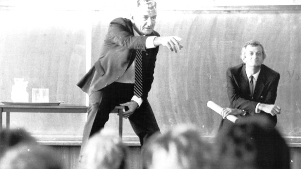 Bob Hawke talking to students at St Monica's College in Epping, Victoria, in 1987.