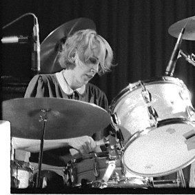 Lindy Morrison photographed performing onstage in the Go-Betweens at the Lyceum Ballroom London, on March 31 1983 - the night she met Tracey Thorn,