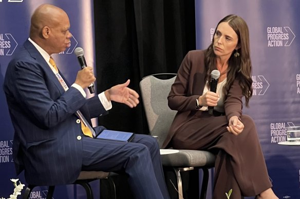 Former New Zealand prime minister Jacinda Ardern speaking on the sidelines of the Democratic National Convention in Chicago.
