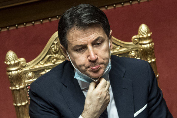 Italian Prime Minister Giuseppe Conte speaks during his final address at the Senate prior to a confidence vote, in Rome.
