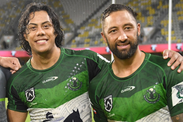 Jarome Luai and Benji Marshall after representing Maori All Stars in 2021.