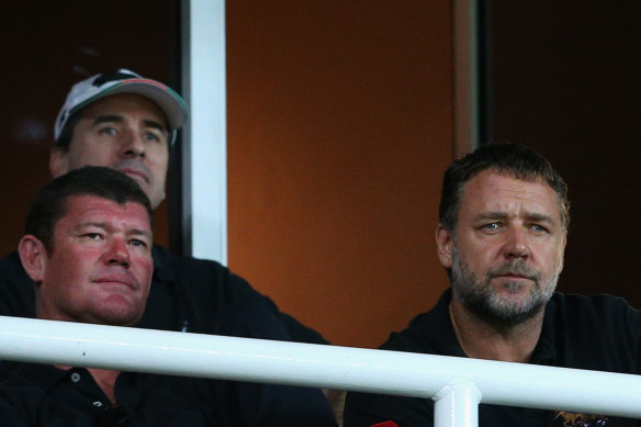 James Packer with Russell Crowe. Packer will become an onlooker when it comes to Crown Resorts.