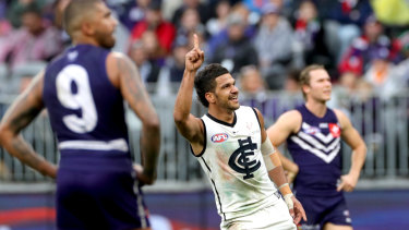 All smiles: Sam Petrevski-Seton celebrates slotting a major for Carlton.