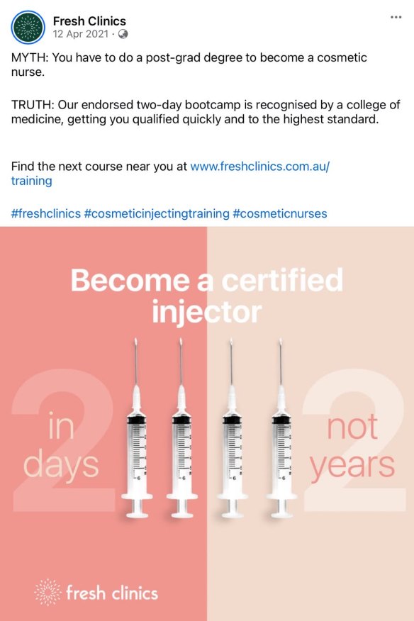An Instagram post promoting a Fresh Clinics “boot camp”. The two-day $6270 course is for nurses wanting to start a cosmetic injectable business.